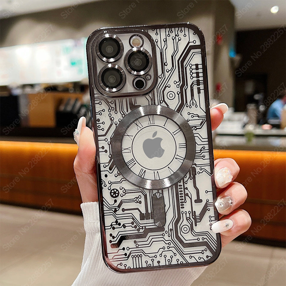 Premium iPhone Case MagSafe Compatible Transparent Mechanical Texture Shockproof Protective Cover Clear Back Bumper Frame Camera Lens Protection