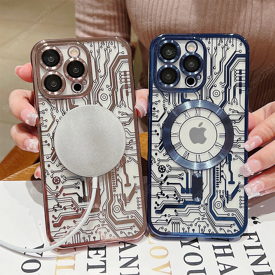 Premium iPhone Case MagSafe Compatible Transparent Mechanical Texture Shockproof Protective Cover Clear Back Bumper Frame Camera Lens Protection