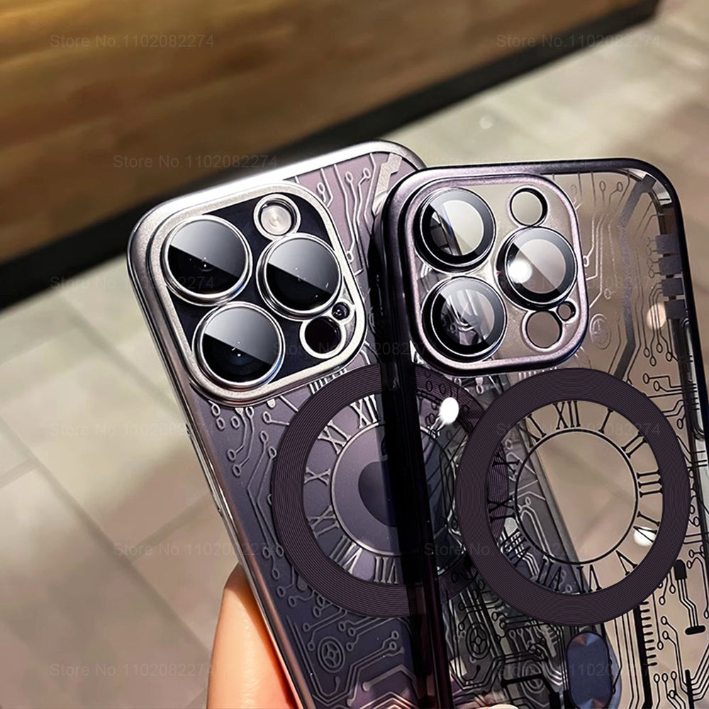 Premium iPhone Case MagSafe Compatible Transparent Mechanical Texture Shockproof Protective Cover Clear Back Bumper Frame Camera Lens Protection