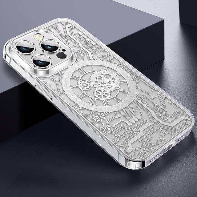 Premium iPhone Case MagSafe Compatible Transparent Mechanical Texture Shockproof Protective Cover Clear Back Bumper Frame Camera Lens Protection