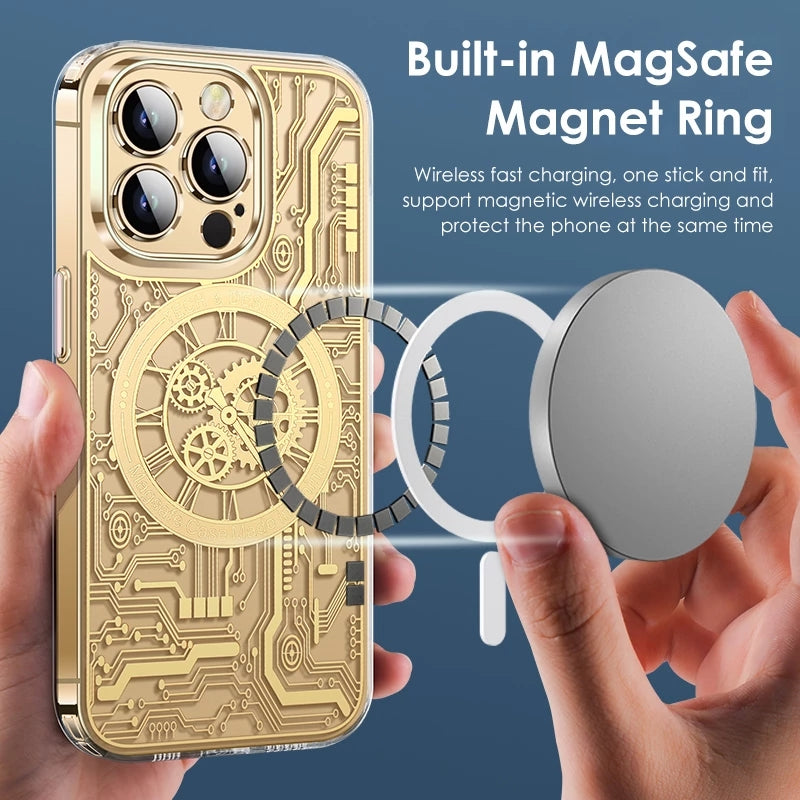 Premium iPhone Case MagSafe Compatible Transparent Mechanical Texture Shockproof Protective Cover Clear Back Bumper Frame Camera Lens Protection