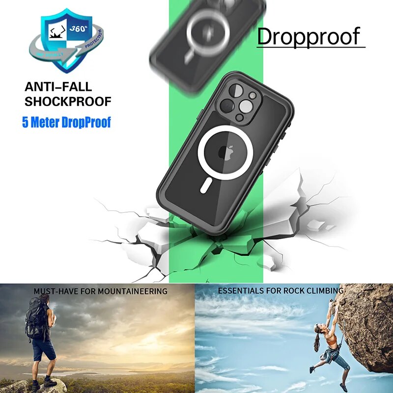 Premium iPhone Case MagSafe Compatible Waterproof IP68 Shockproof Protective Cover 360 Full Body Sealed Design Camera Lens Protection Transparent