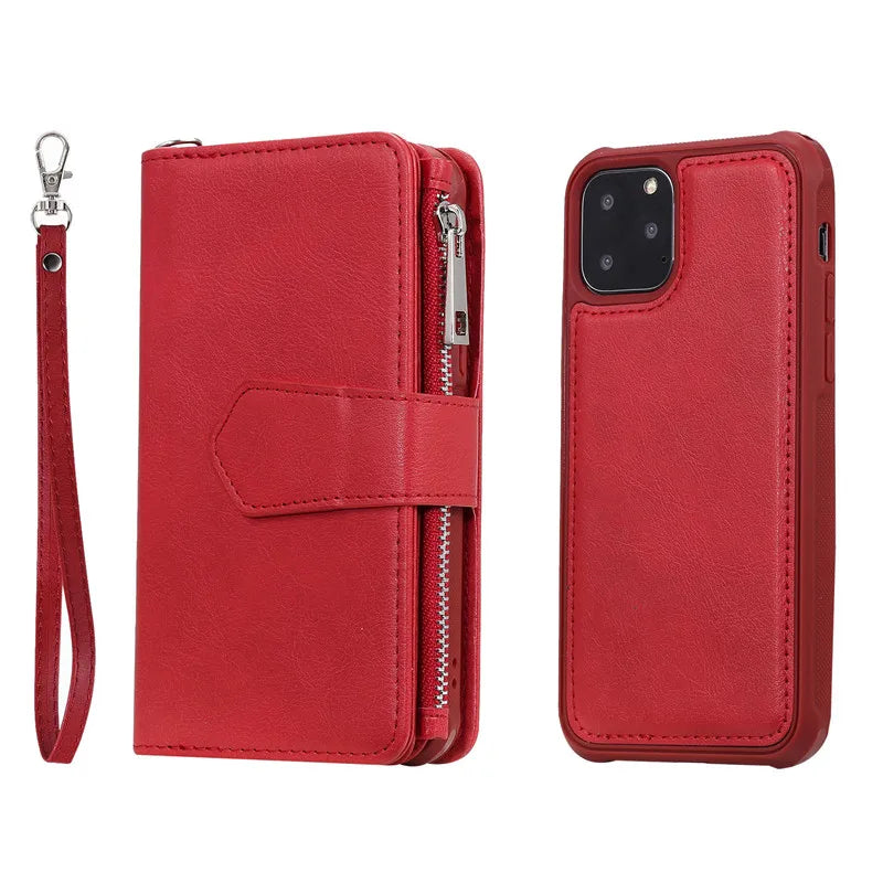 Premium iPhone Case Magnetic Detachable Wallet Flip Cover PU Leather Card Holder Handbag Design Stand Feature Shockproof Full Protection