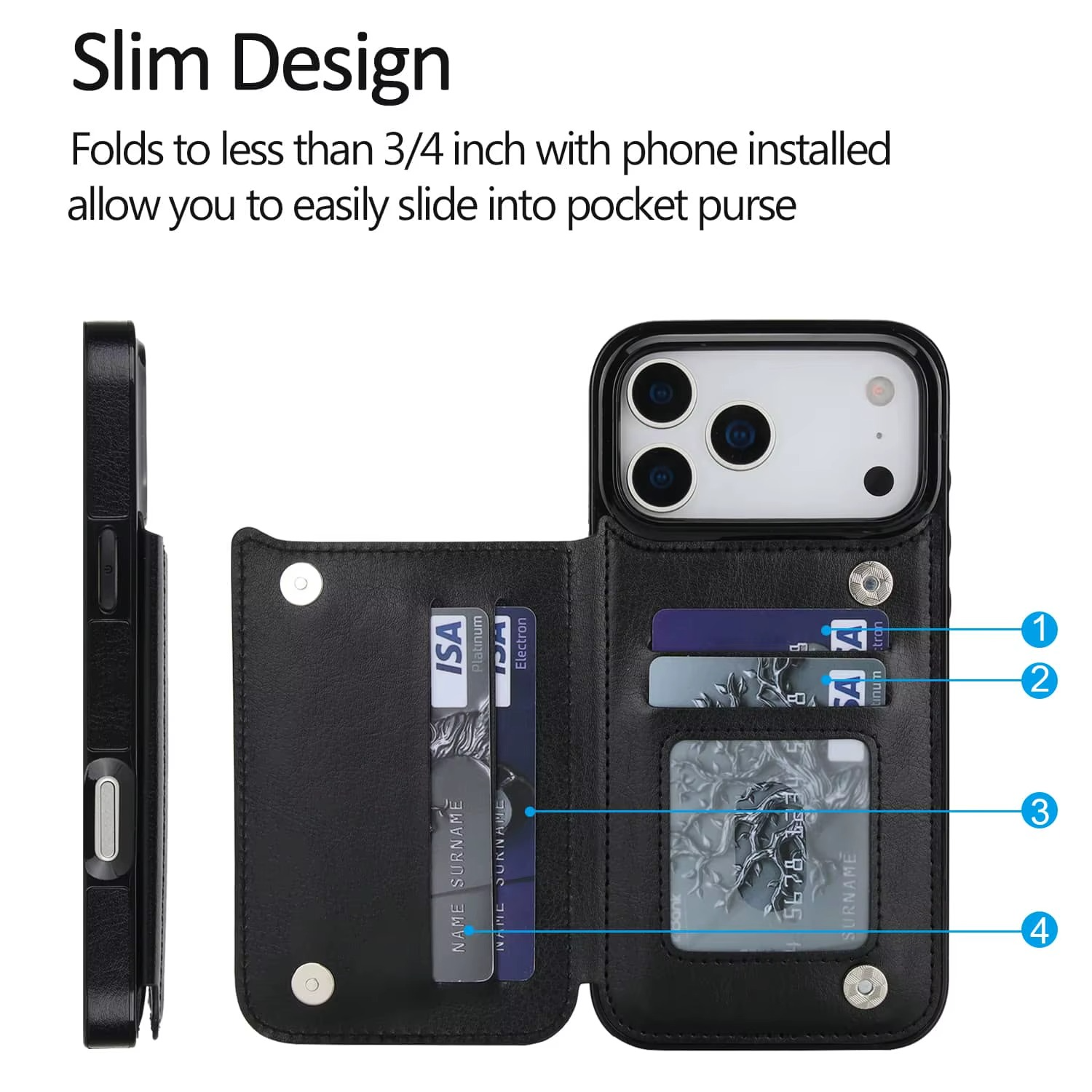 Premium iPhone Case Magnetic Flip Wallet Cover Faux Leather Card Holder Kickstand Shockproof Protection Full Camera Lens Guard