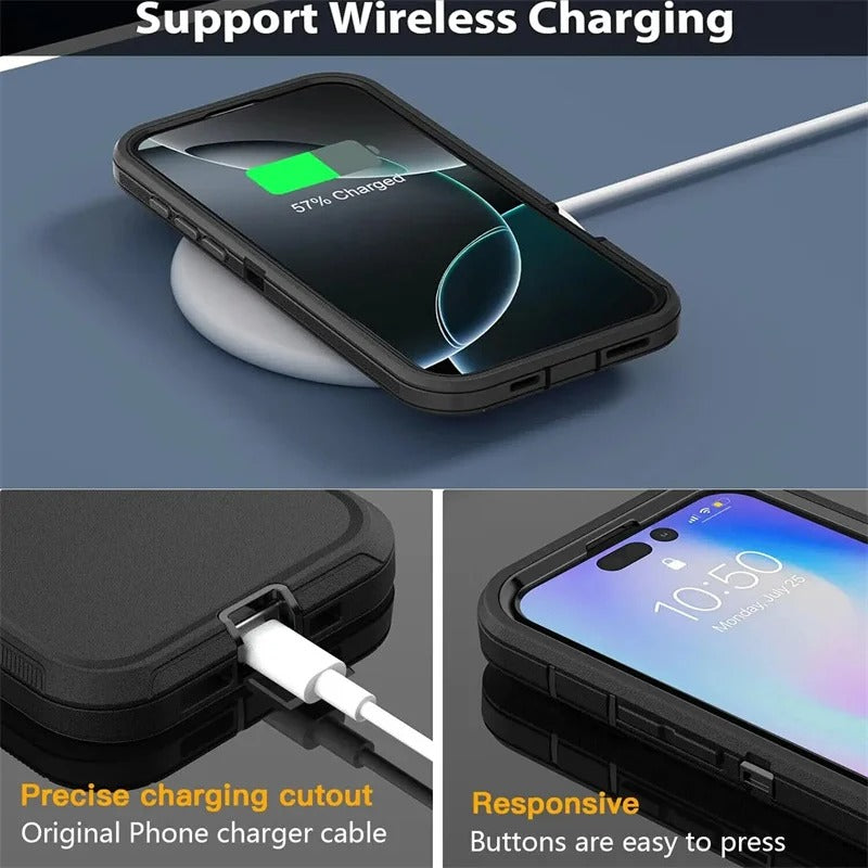 Premium iPhone Case Magnetic Protective Cover Rugged Defender Shockproof Armor Dual Layer Belt Clip Holder Full Port Protection Anti Slip Grip Heavy Duty Design