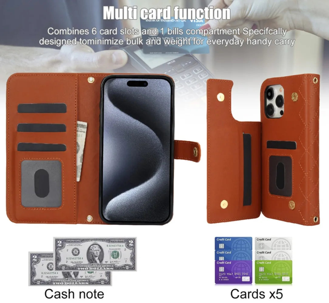Premium iPhone Case RFID Blocking Wallet Crossbody Flip Cover PU Leather Card Holder Magnetic Closure Shockproof Protection Adjustable Strap Full Coverage