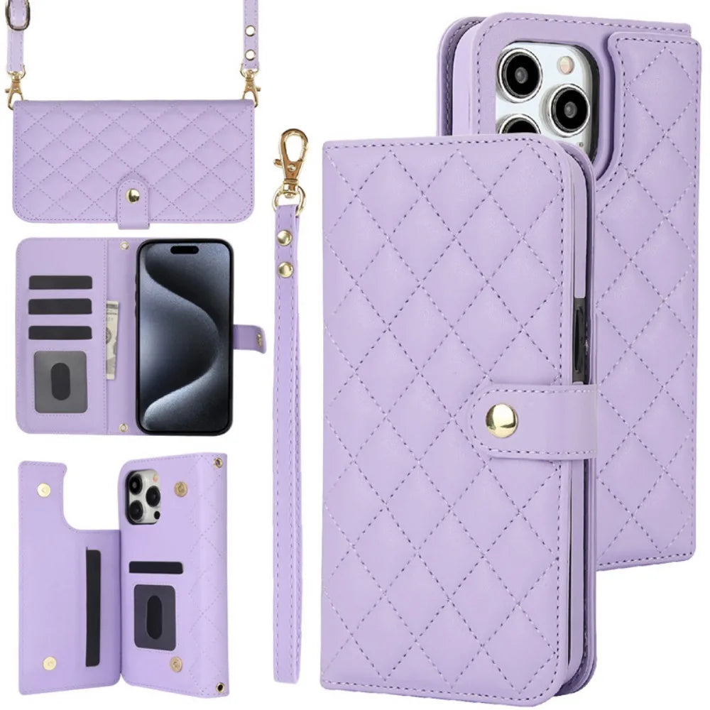 Premium iPhone Case RFID Blocking Wallet Crossbody Flip Cover PU Leather Card Holder Magnetic Closure Shockproof Protection Adjustable Strap Full Coverage