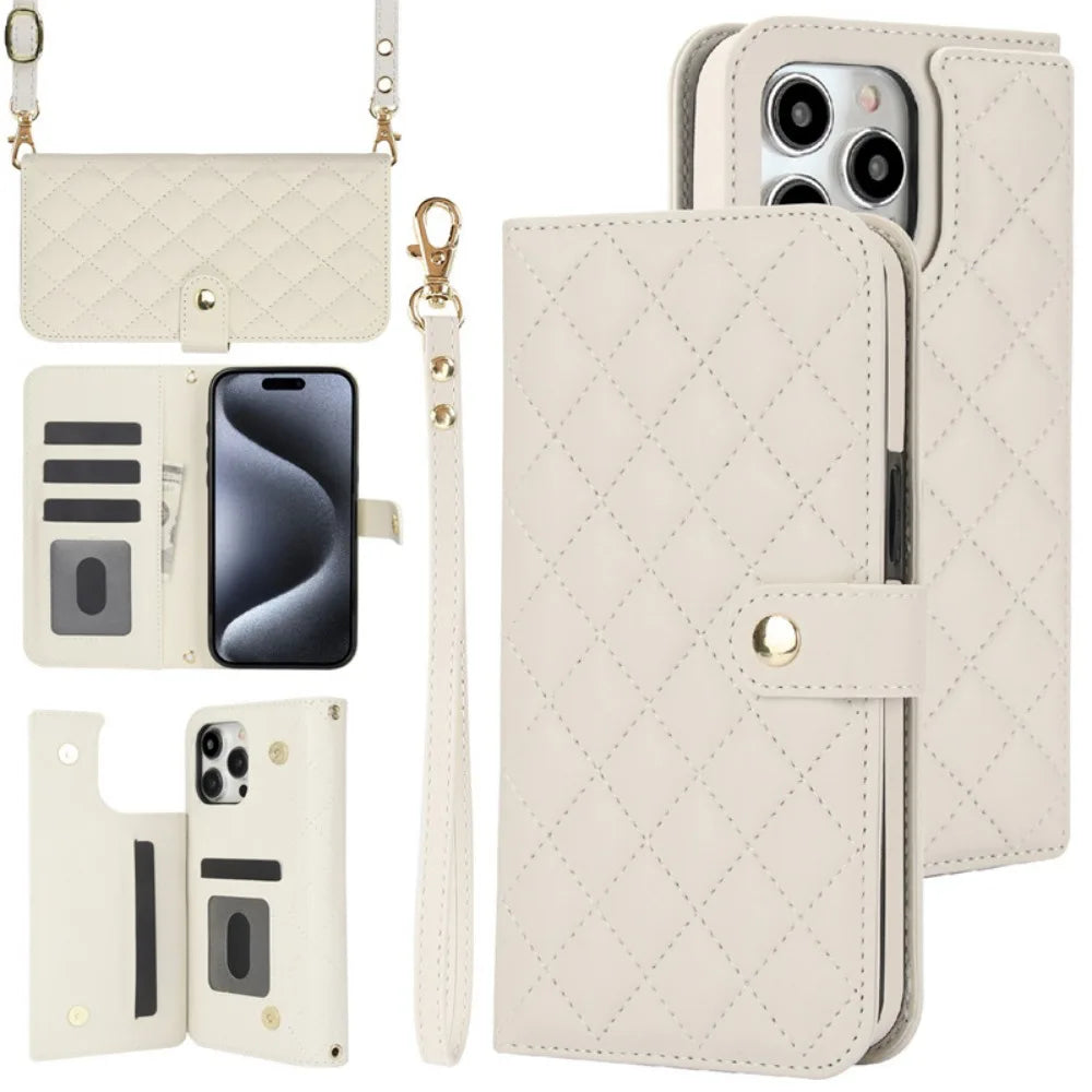 Premium iPhone Case RFID Blocking Wallet Crossbody Flip Cover PU Leather Card Holder Magnetic Closure Shockproof Protection Adjustable Strap Full Coverage