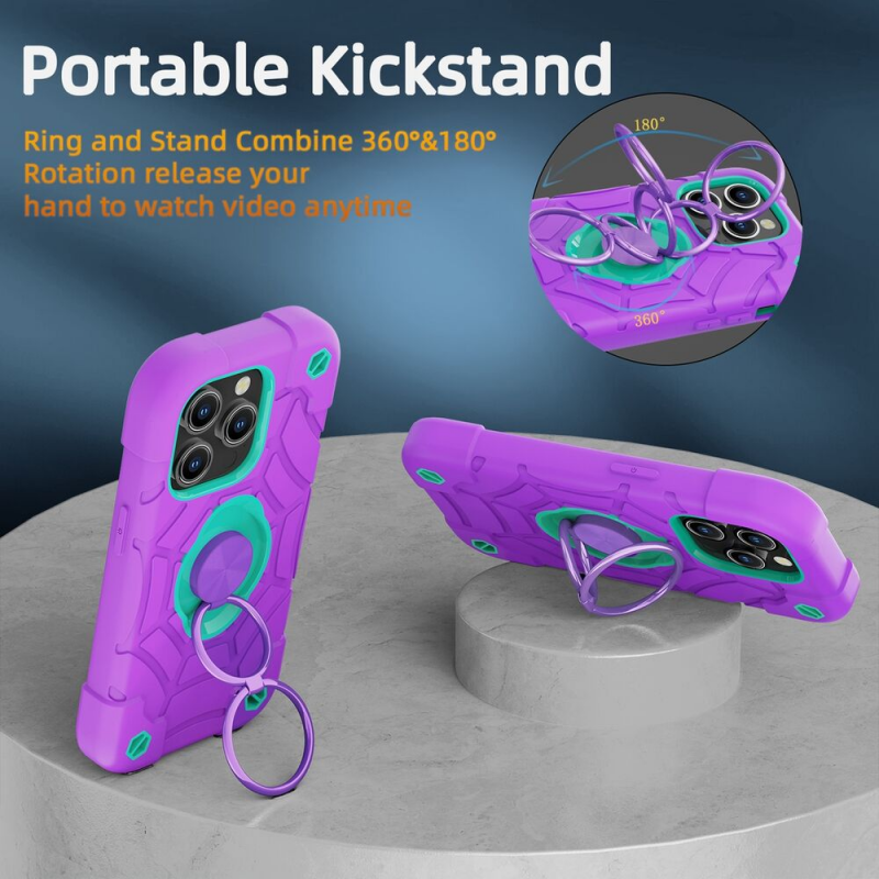 Premium iPhone Case Rugged Military Grade Protective Cover Dual Layer Shockproof Armor Kickstand Ring Holder Anti Slip Grip Full Protection