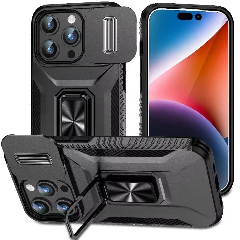 Premium iPhone Case Shockproof Protective Cover All Around Protection Sliding Camera Lens Guard Rotary Stand Anti Slip Grip Durable Design