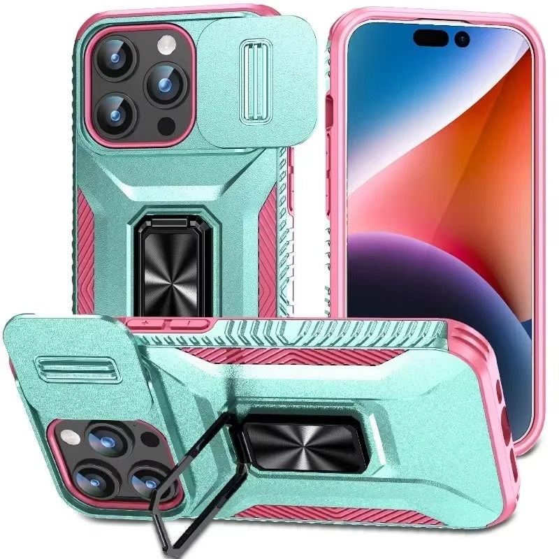 Premium iPhone Case Shockproof Protective Cover All Around Protection Sliding Camera Lens Guard Rotary Stand Anti Slip Grip Durable Design