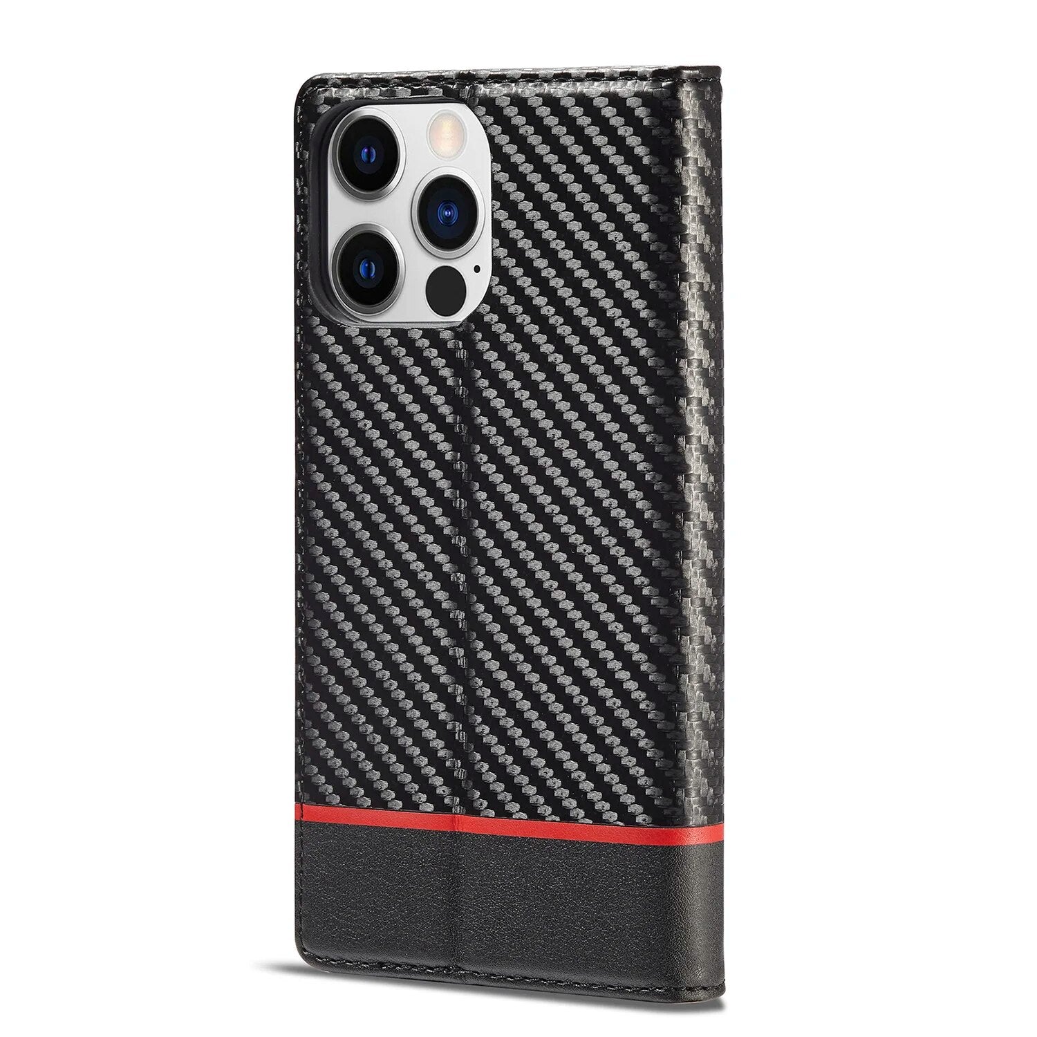 Premium iPhone Case Wallet MagSafe Compatible Carbon Fiber Leather Flip Cover Shockproof Protective Card Holder Stand Function Camera Lens Protection Slim Design