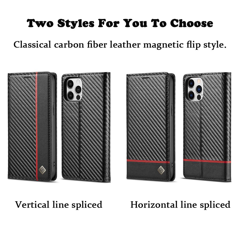 Premium iPhone Case Wallet MagSafe Compatible Carbon Fiber Leather Flip Cover Shockproof Protective Card Holder Stand Function Camera Lens Protection Slim Design