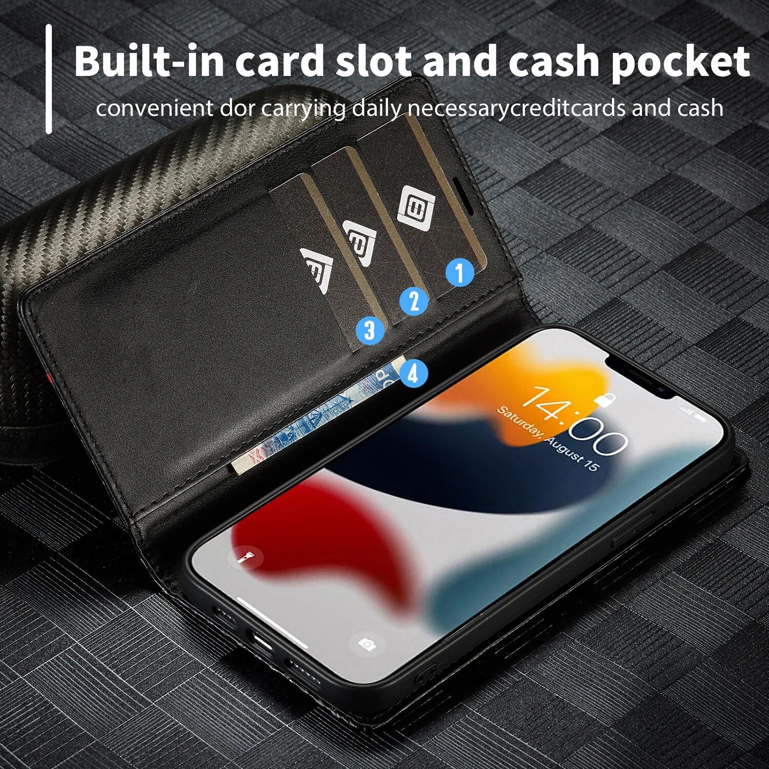 Premium iPhone Case Wallet MagSafe Compatible Carbon Fiber Leather Flip Cover Shockproof Protective Card Holder Stand Function Camera Lens Protection Slim Design