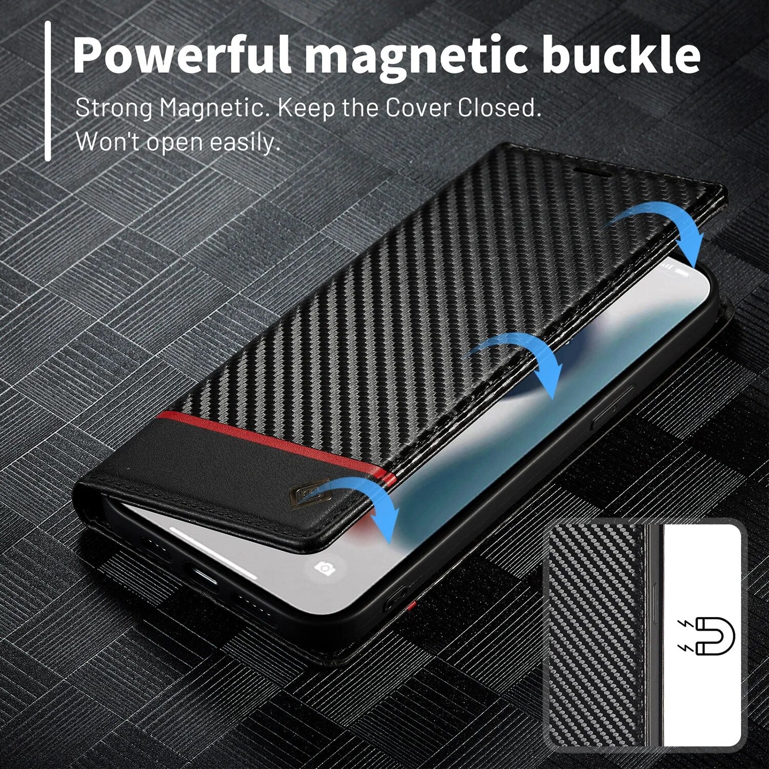 Premium iPhone Case Wallet MagSafe Compatible Carbon Fiber Leather Flip Cover Shockproof Protective Card Holder Stand Function Camera Lens Protection Slim Design