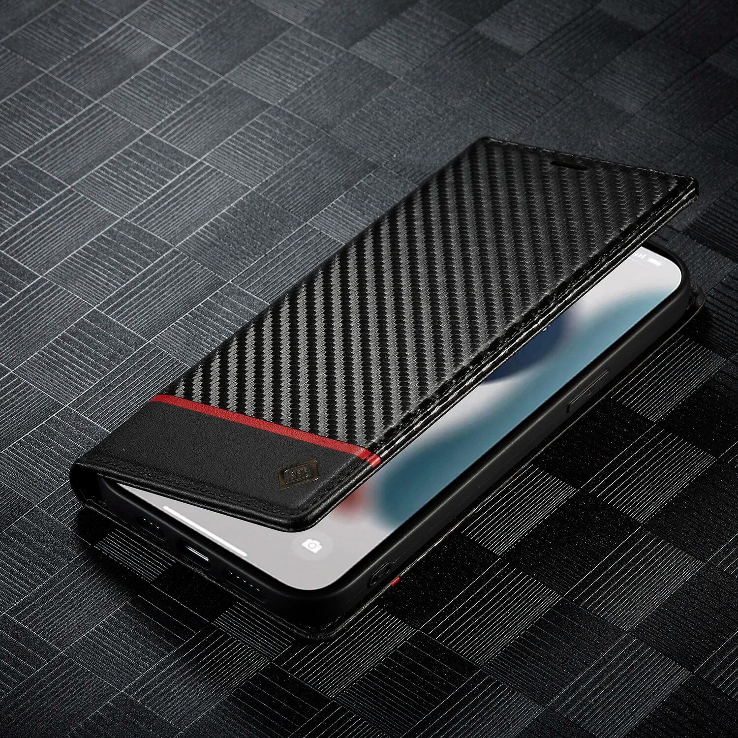 Premium iPhone Case Wallet MagSafe Compatible Carbon Fiber Leather Flip Cover Shockproof Protective Card Holder Stand Function Camera Lens Protection Slim Design