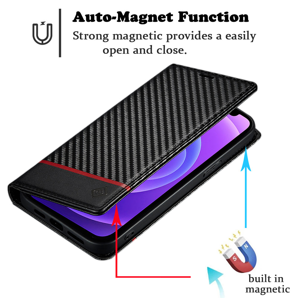 Premium iPhone Case Wallet MagSafe Compatible Carbon Fiber Leather Flip Cover Shockproof Protective Card Holder Stand Function Camera Lens Protection Slim Design