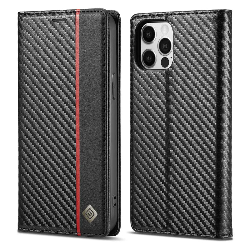 Premium iPhone Case Wallet MagSafe Compatible Carbon Fiber Leather Flip Cover Shockproof Protective Card Holder Stand Function Camera Lens Protection Slim Design