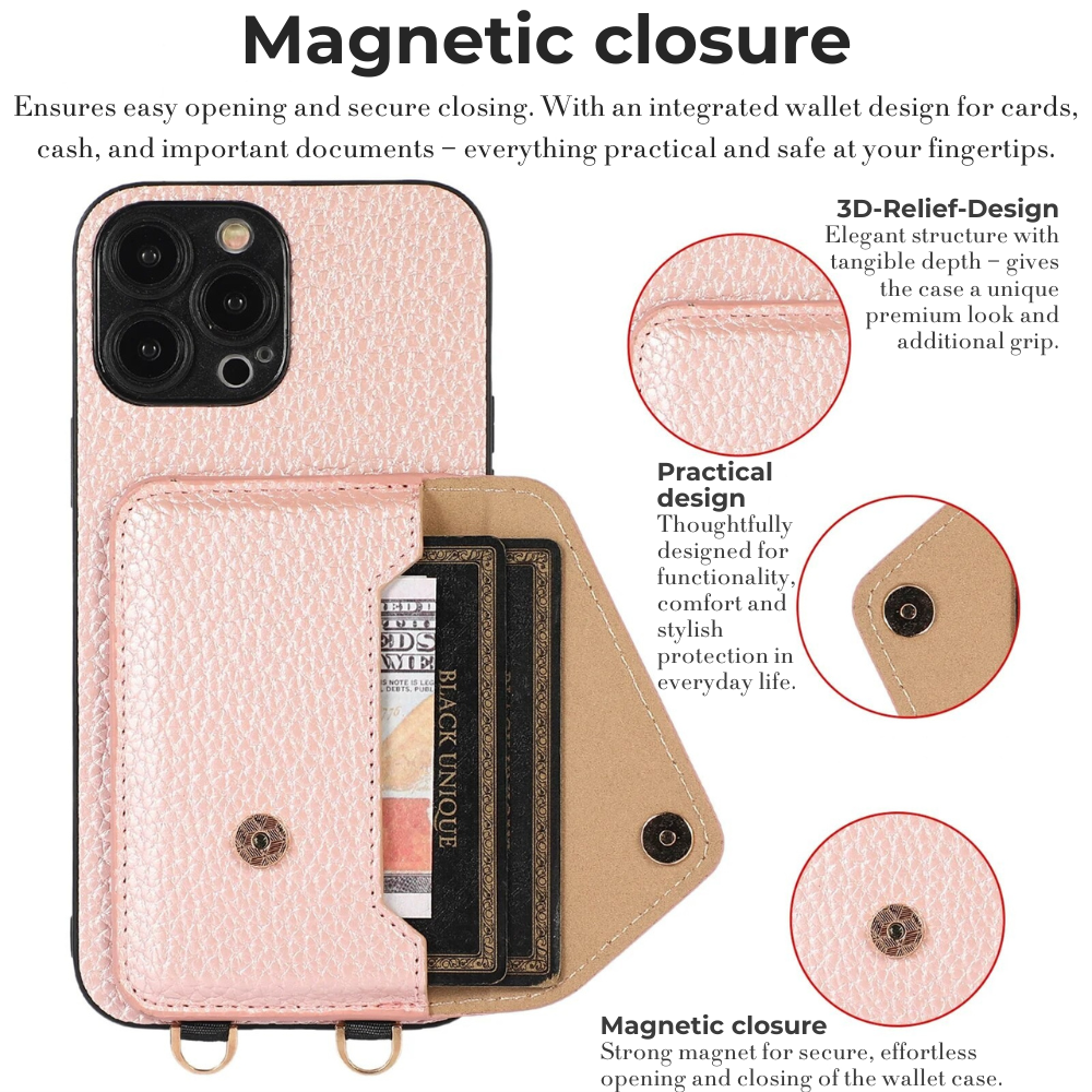 Premium iPhone Case Wallet MagSafe Compatible Crossbody Strap Leather Card Holder Shockproof Protective Cover Camera Lens Protection Slim Design