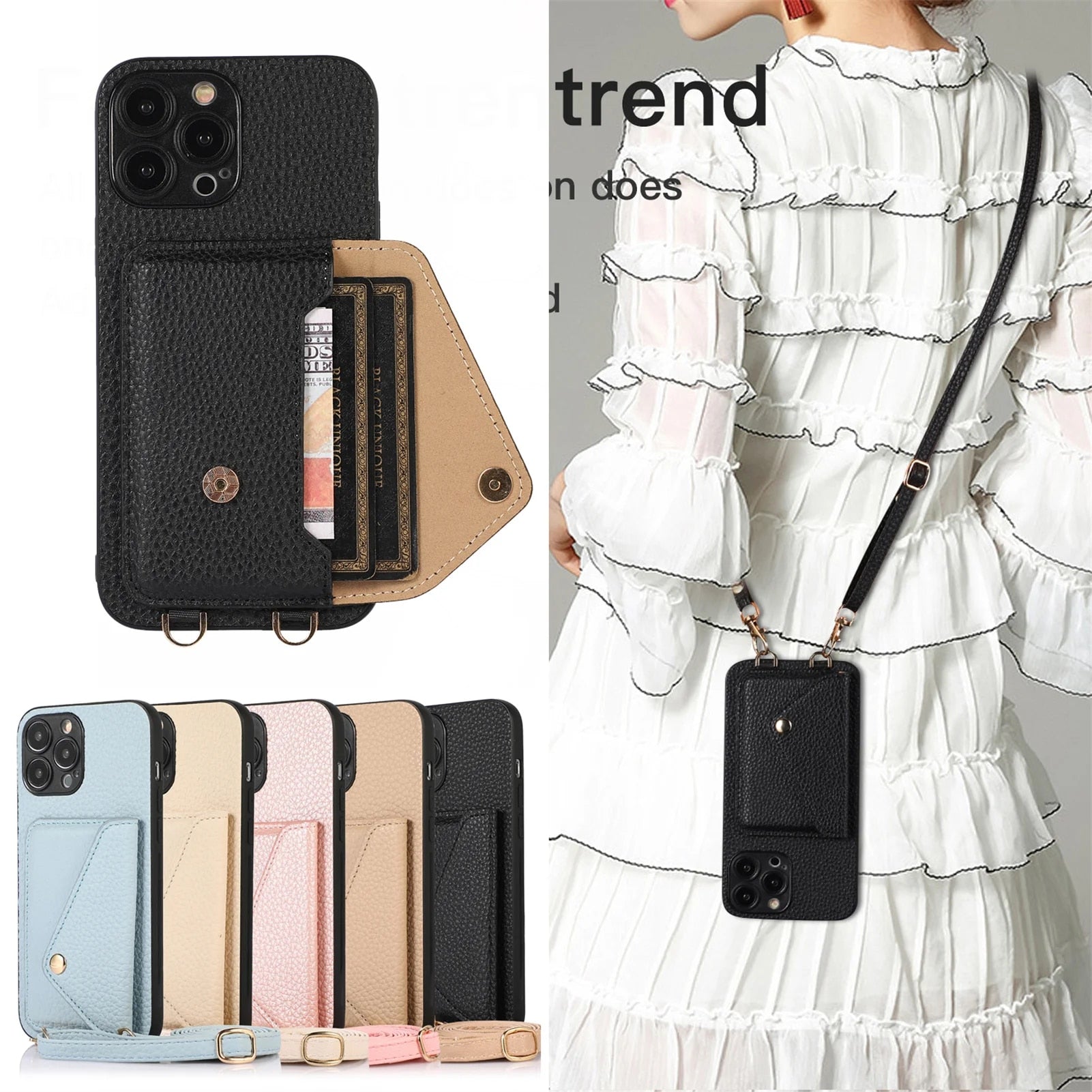 Premium iPhone Case Wallet MagSafe Compatible Crossbody Strap Leather Card Holder Shockproof Protective Cover Camera Lens Protection Slim Design
