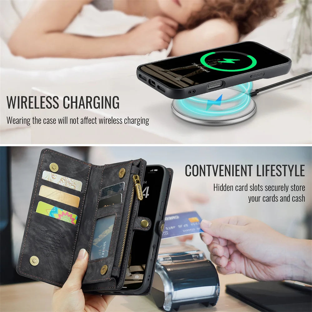 Premium iPhone Case Wallet MagSafe Compatible Detachable Leather Flip Stand Shockproof Protective Cover Card Holder Camera Lens Protection Slim Design