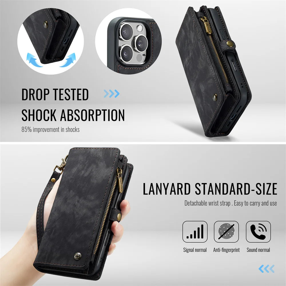 Premium iPhone Case Wallet MagSafe Compatible Detachable Leather Flip Stand Shockproof Protective Cover Card Holder Camera Lens Protection Slim Design