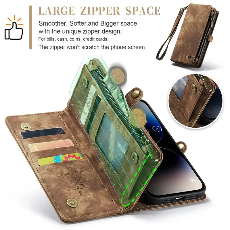 Premium iPhone Case Wallet MagSafe Compatible Detachable Leather Flip Stand Shockproof Protective Cover Card Holder Camera Lens Protection Slim Design