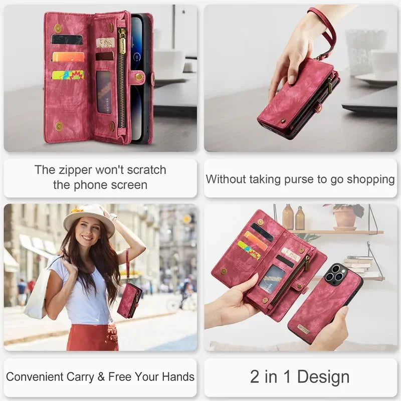 Premium iPhone Case Wallet MagSafe Compatible Detachable Leather Flip Stand Shockproof Protective Cover Card Holder Camera Lens Protection Slim Design