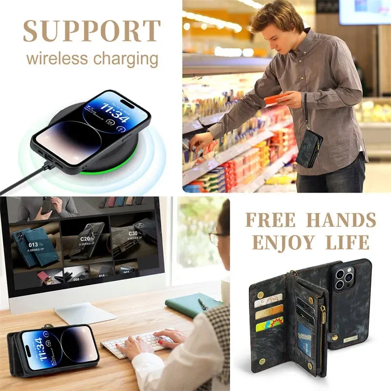 Premium iPhone Case Wallet MagSafe Compatible Detachable Leather Flip Stand Shockproof Protective Cover Card Holder Camera Lens Protection Slim Design