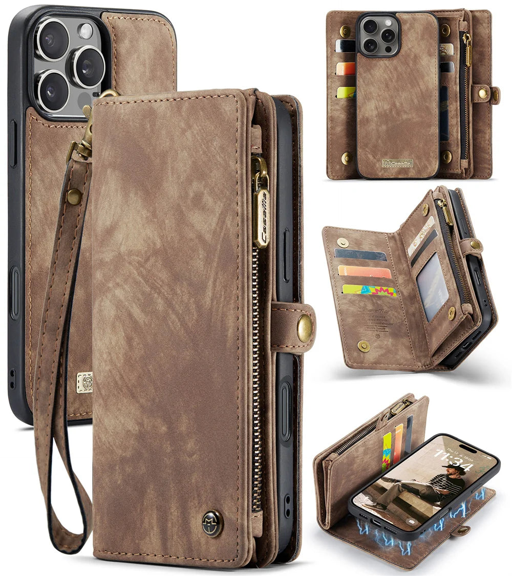 Premium iPhone Case Wallet MagSafe Compatible Detachable Leather Flip Stand Shockproof Protective Cover Card Holder Camera Lens Protection Slim Design