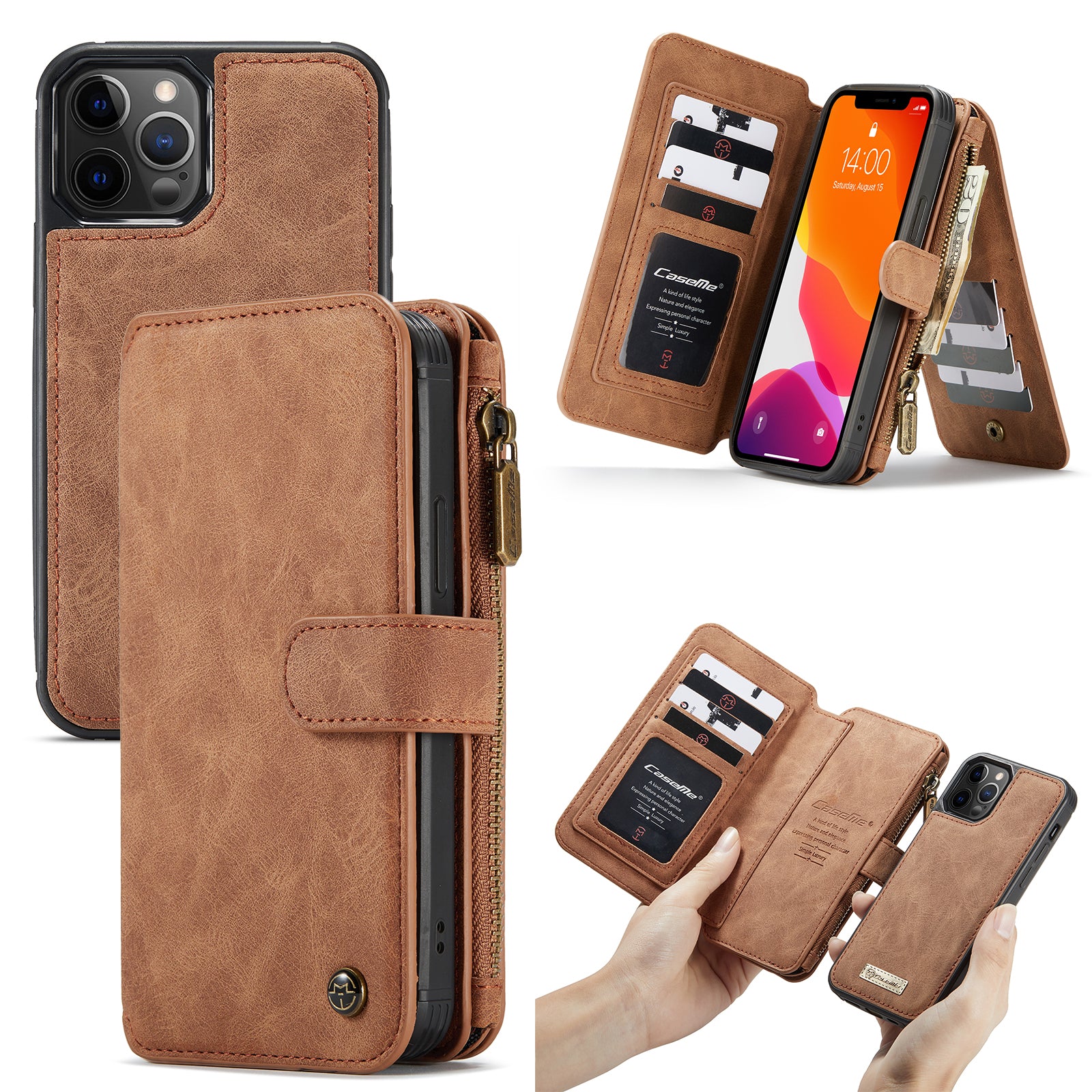 Premium iPhone Case Wallet MagSafe Compatible Detachable Leather Flip Stand Shockproof Protective Cover Card Holder Camera Lens Protection Slim Design