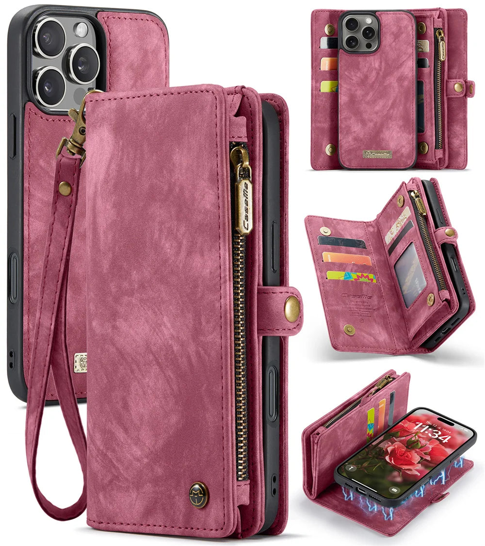 Premium iPhone Case Wallet MagSafe Compatible Detachable Leather Flip Stand Shockproof Protective Cover Card Holder Camera Lens Protection Slim Design