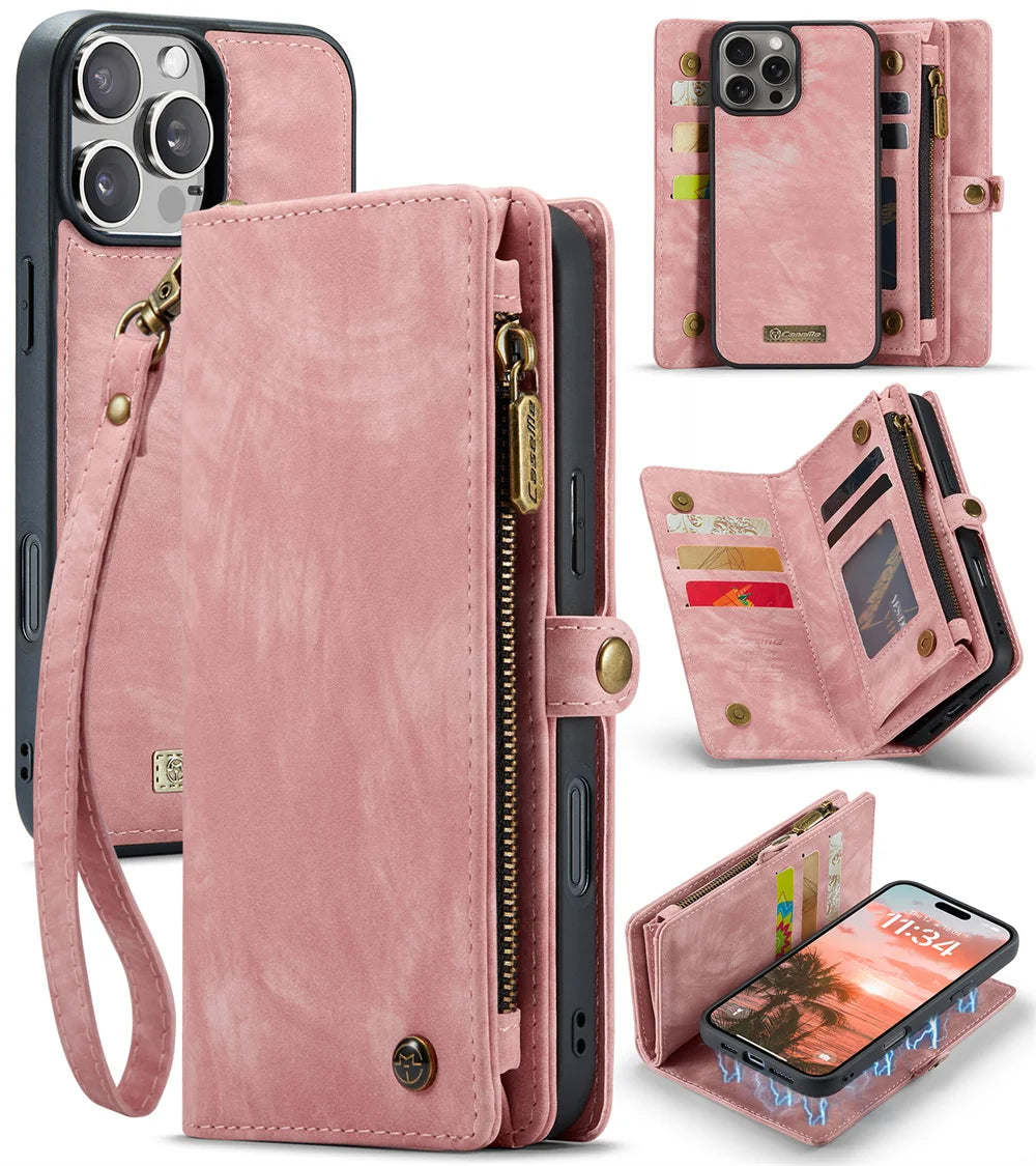 Premium iPhone Case Wallet MagSafe Compatible Detachable Leather Flip Stand Shockproof Protective Cover Card Holder Camera Lens Protection Slim Design
