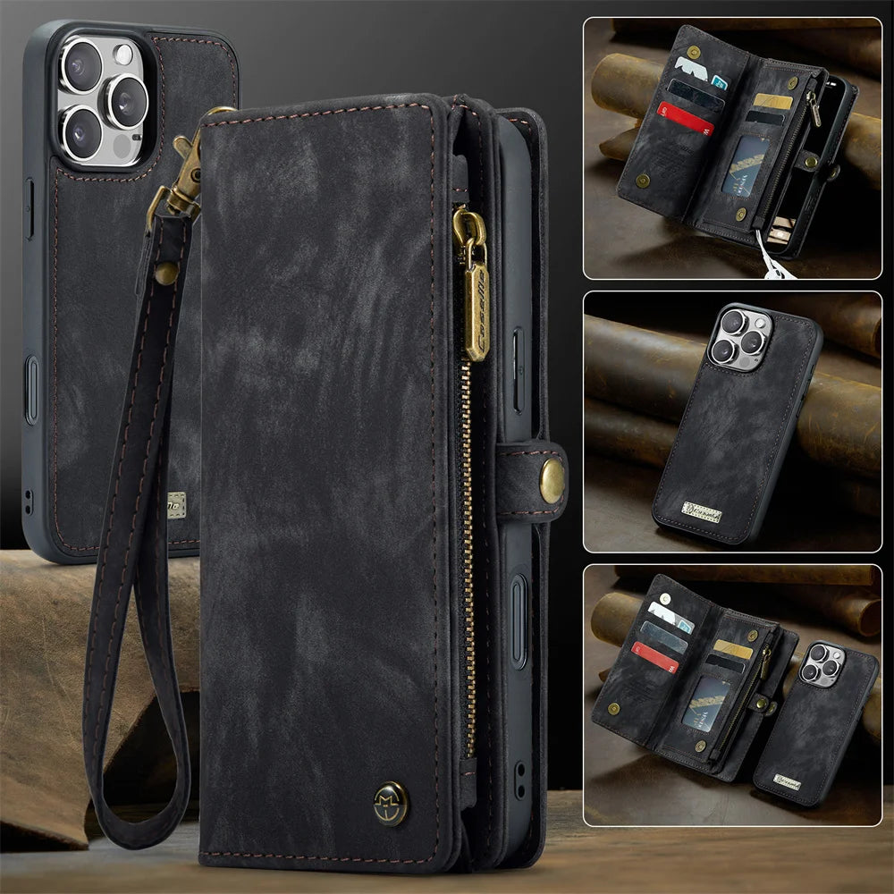 Premium iPhone Case Wallet MagSafe Compatible Detachable Leather Flip Stand Shockproof Protective Cover Card Holder Camera Lens Protection Slim Design
