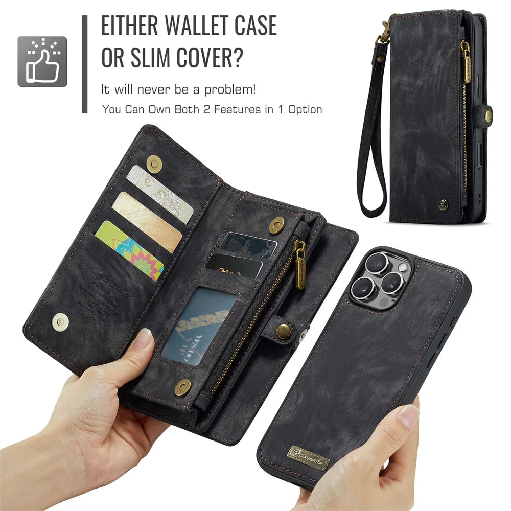 Premium iPhone Case Wallet MagSafe Compatible Detachable Leather Flip Stand Shockproof Protective Cover Card Holder Camera Lens Protection Slim Design