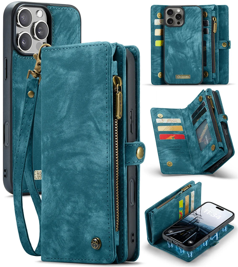 Premium iPhone Case Wallet MagSafe Compatible Detachable Leather Flip Stand Shockproof Protective Cover Card Holder Camera Lens Protection Slim Design