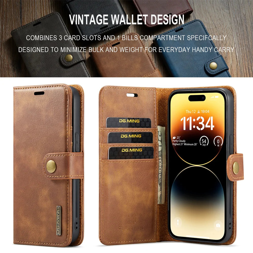 Premium iPhone Case Wallet MagSafe Compatible Detachable Magnetic Leather Shockproof Protective Cover Card Holder Camera Lens Protection Slim Design