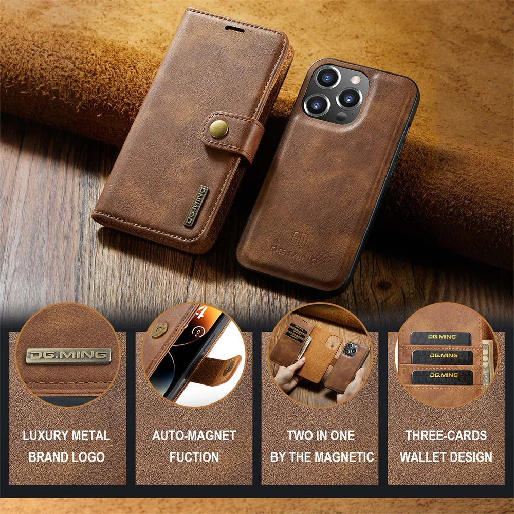 Premium iPhone Case Wallet MagSafe Compatible Detachable Magnetic Leather Shockproof Protective Cover Card Holder Camera Lens Protection Slim Design
