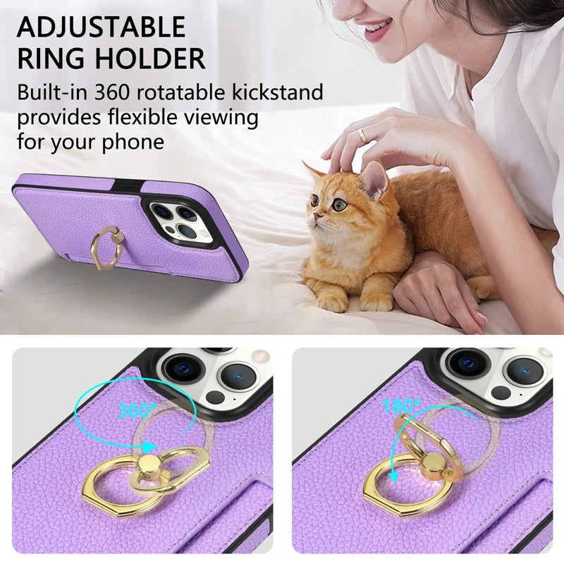 Premium iPhone Case Wallet MagSafe Compatible Leather Card Holder Ring Stand Shockproof Protective Cover Camera Lens Protection Slim Design