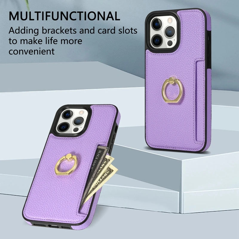 Premium iPhone Case Wallet MagSafe Compatible Leather Card Holder Ring Stand Shockproof Protective Cover Camera Lens Protection Slim Design