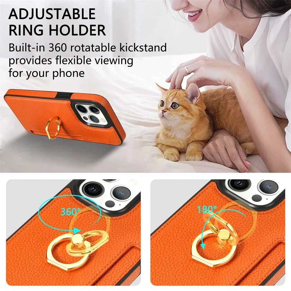 Premium iPhone Case Wallet MagSafe Compatible Leather Card Holder Ring Stand Shockproof Protective Cover Camera Lens Protection Slim Design