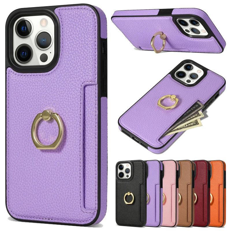 Premium iPhone Case Wallet MagSafe Compatible Leather Card Holder Ring Stand Shockproof Protective Cover Camera Lens Protection Slim Design