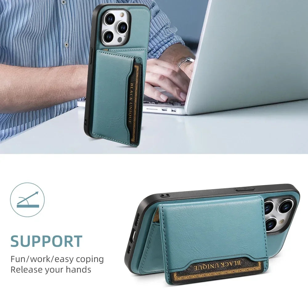 Premium iPhone Case Wallet MagSafe Compatible Leather Card Holder Shockproof Protective Cover Camera Lens Protection Slim Design