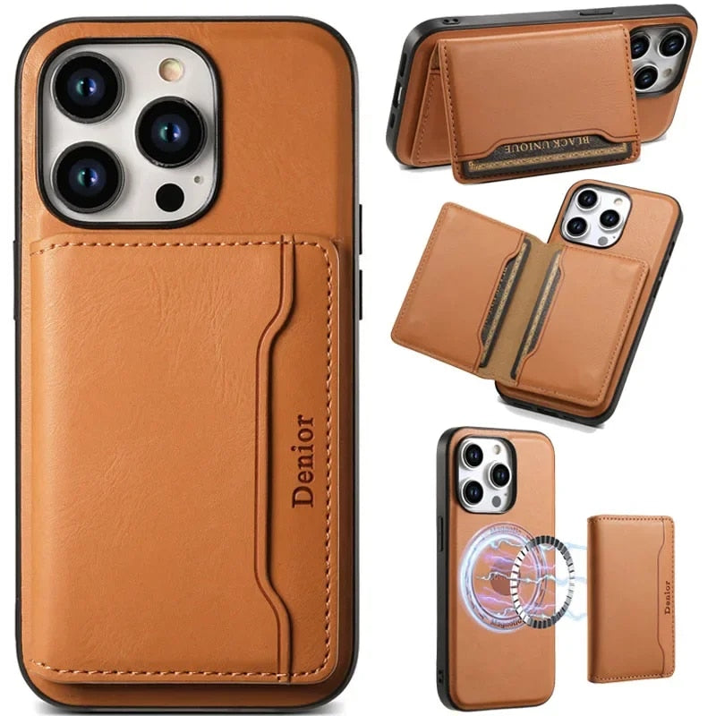 Premium iPhone Case Wallet MagSafe Compatible Leather Card Holder Shockproof Protective Cover Camera Lens Protection Slim Design