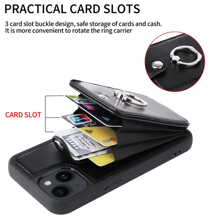Premium iPhone Case Wallet MagSafe Compatible Leather Vertical Card Holder Ring Stand Shockproof Protective Cover Camera Lens Protection Slim Design