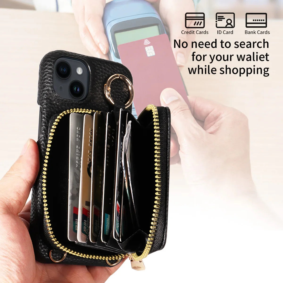 Premium iPhone Case Zipper Wallet Crossbody Cover PU Leather Card Holder Lanyard Strap Magnetic Closure Shockproof Full Protection Slim Design