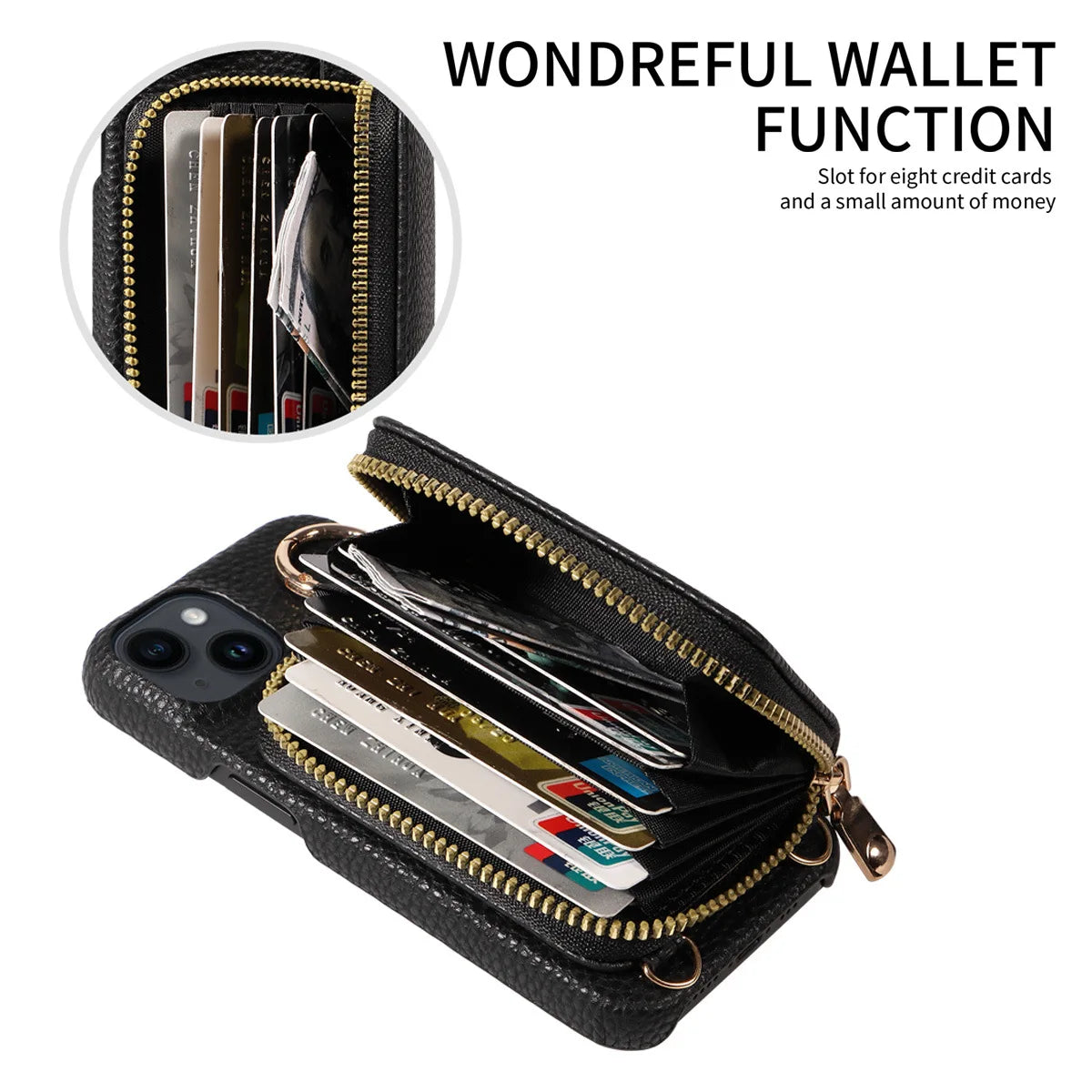 Premium iPhone Case Zipper Wallet Crossbody Cover PU Leather Card Holder Lanyard Strap Magnetic Closure Shockproof Full Protection Slim Design