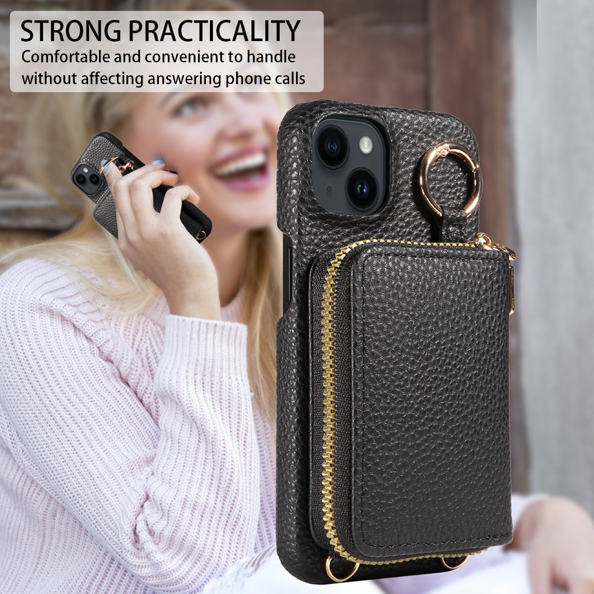Premium iPhone Case Zipper Wallet Crossbody Cover PU Leather Card Holder Lanyard Strap Magnetic Closure Shockproof Full Protection Slim Design