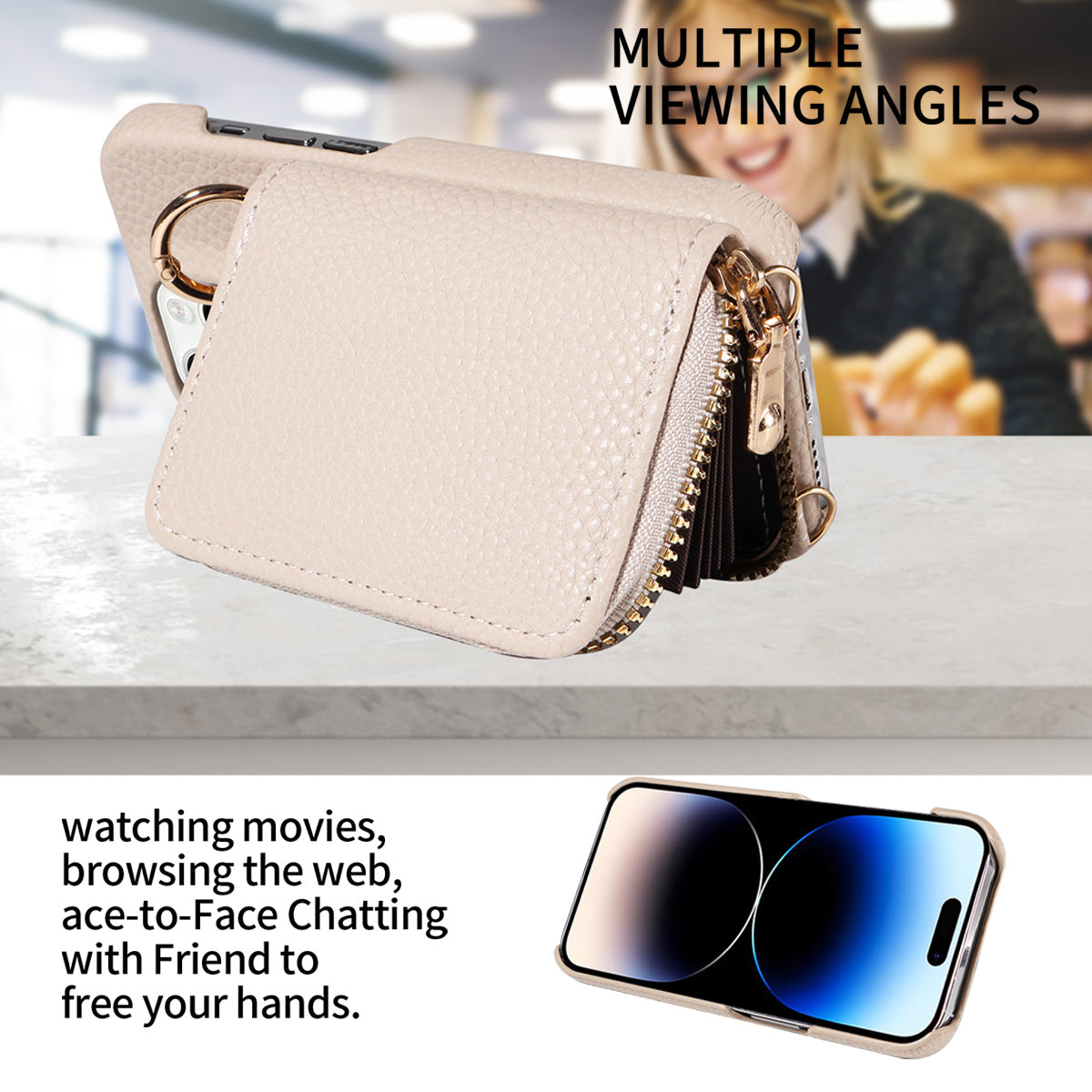 Premium iPhone Case Zipper Wallet Crossbody Cover PU Leather Card Holder Lanyard Strap Magnetic Closure Shockproof Full Protection Slim Design