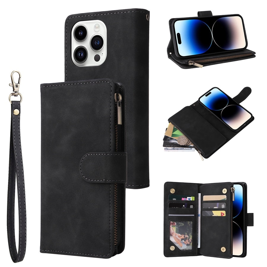 Premium iPhone Case Wallet MagSafe Compatible Leather Card Holder Magnetic Closure Shockproof Protective Cover Camera Lens Protection Slim Design